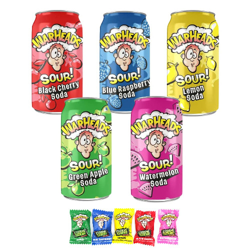 Warheads Sour Soda Pop Variety Pack, Five - 12 oz. Cans Warheads Extreme Sour Candy - Blue Raspberry, Black Cherry, Lemon, Green Apple, Watermelon and 5 Pieces of War Heads Candy - 