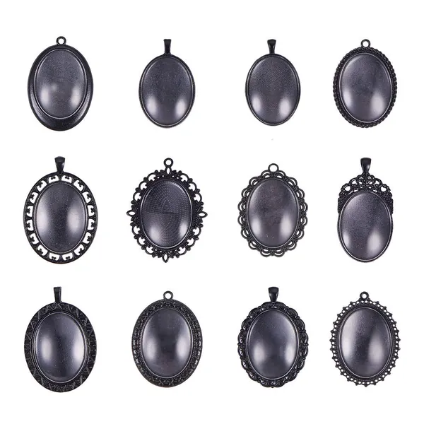 PH PandaHall 24pcs 30x40mm Black Oval Alloy Blank Bezel Pendant Trays Settings and Transparent Glass Cabochon Memorial Photo Pendant for Wedding Bouquet Graduation Photo Charm Jewelry Making