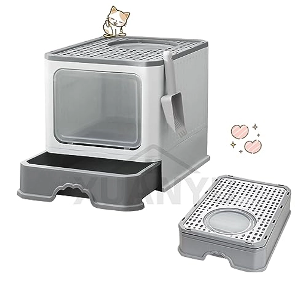 XUANYU Groß Katzentoilette mit Abdeckung, Geschlossene Katzentoilette, Groß Katzenklo mit Deckel und Schaufel, 2 Eingangstüren, Geräumig für Katzen bis 7 kg/15 lbs (Grau XL-51×35×38 cm)