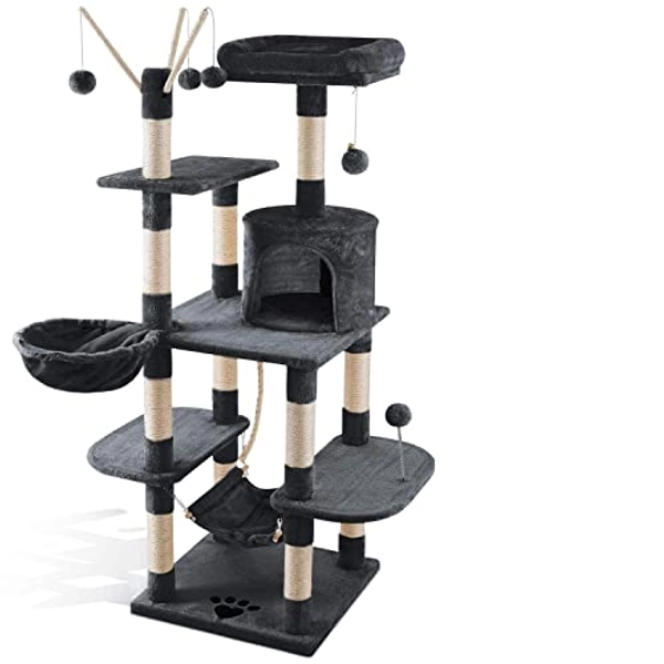 KESSER® Kratzbaum XXL Katzenbaum Kletterbaum, mit Hängematte, Sisalstämmen, Stabil, Höhle, Spielbälle, Spielsisal & Spielseil, Höhe 149cm, mit vielen Kuschel- und Spielmöglichkeiten Dunkelgrau