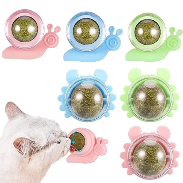 Xinstroe 6 Stück Katzenminze Balls,Katzenminze Balls für Katzen,Drehbares Katzenminze Balls,Selbstklebende Katzenminze  für Katzen Zahnpflege