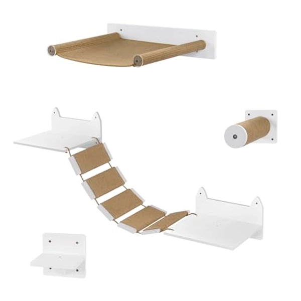 VORTZT Kletterwand Katzen Set, Kletterwand für Katzen, Kratzbaum Wand, jedes Teil 10 kg belastbar, 4-teilig Katzenkletterwand mit Hängebrücke Hängematte Kratzsäule Trittbrett, aus Sisal E1 MDF, Weiß