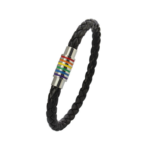 Nanafast Titanium Stainless Steel Rainbow LGBT Pride Bracelet Handmade Braided LGBTQ Pride Bracelets PU Leather Weave Plaited Wristband Jewelry - Silver(PU Leather 8.67")