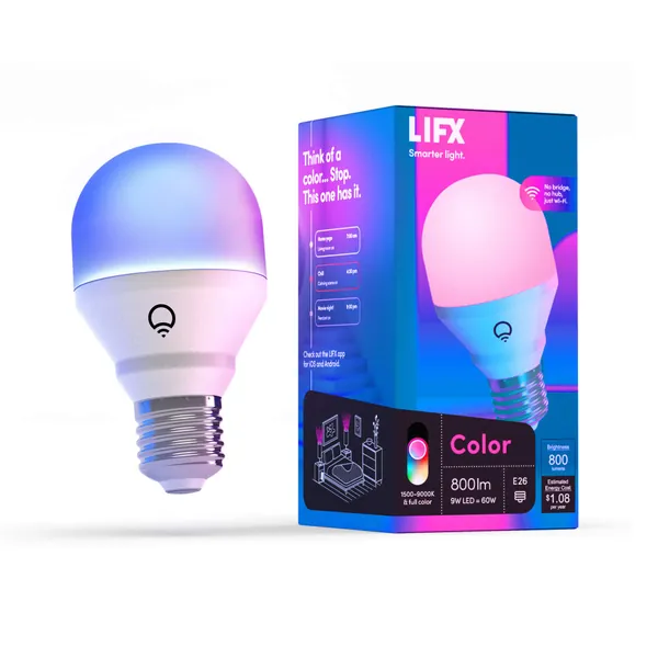 LIFX Color A19 800 lumens, Billions of Colors and Whites, Wi-Fi Smart LED Light Bulb, No Bridge Required, Works with Alexa, Hey Google, HomeKit and Siri.