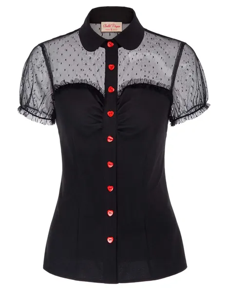 Women's Sheer 1950s Retro Vintage Shirts Polka Dots Mesh Rockabilly Blouse Tops - Black Medium