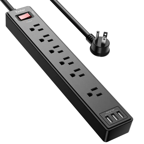 Power Strip with 6 Feet, Yintar Surge Protector with 6 AC Outlets and 3 USB Ports, 6 Ft Extension Cord for for Home, Office, Dorm Essentials, 2100 Joules, ETL Listed, (Black)