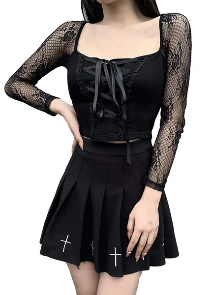 Goth Girl Sexy Street T-Shirt Women Lace Patchwork Short Sleeve Gothic Punk Tops - Large 2-gothic Top Lace