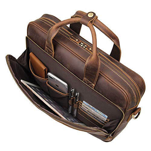 Augus Leather Messenger Bag for Men Vintage Travel Backpack 17 inch laptop Briefcase Shoulder Bags - Coffee