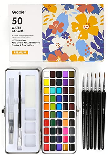 Grabie Watercolor Paint Set, Great for Painting, 50 Colors, Detail Paint Brush Included, Art Supplies, for Artists, Amateur Hobbyists and Painting Lovers - Basic Watercolors