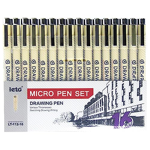 Micro Fineliner Drawing Art Pens: 16 Black Fine Line Waterproof Ink Set Artist Supplies Archival Inking Markers Liner Professional Sketch Outline Anime Sketching Watercolor Zentangle Kit Stuff - 16 Tip Sizes