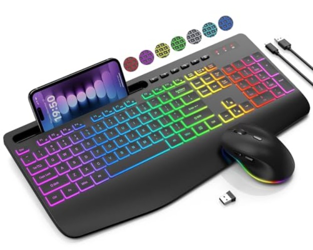 Wireless Keyboard and Mouse Combo, 9 Backlit Effects, Wrist Rest, Phone Holder, 2.4G Lag-Free Ergonomic Keyboards, Rechargeable Silent Cordless Set for Computer, Laptop, PC, Mac, Windows -SABLUTE - Classic Black