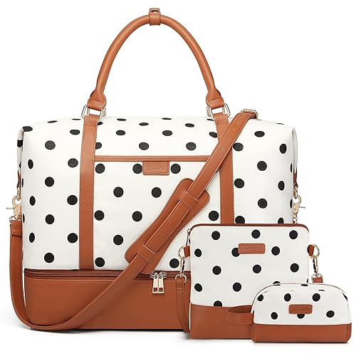 Bosidu 3Pcs Set Polka Dots Weekender Bags for Women with Toiletry Bag & Shoe Compartment Canvas Overnight Bag Travel Duffle Bag Mommy Hospital Bags for Labor and Delivery, Beige