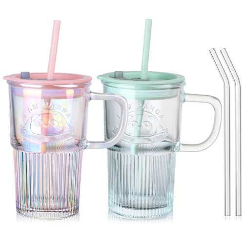 ZgoEC 2 Stück Trinkbecher mit Deckel und Strohhalm, 420ml Auslaufsicher Glasbecher mit Henkel, Eiskaffee Becher Trinkglas mit Deckel, Cappuccino Latte Macchiato Gläser, Tumbler für Kaffee Tee Saft