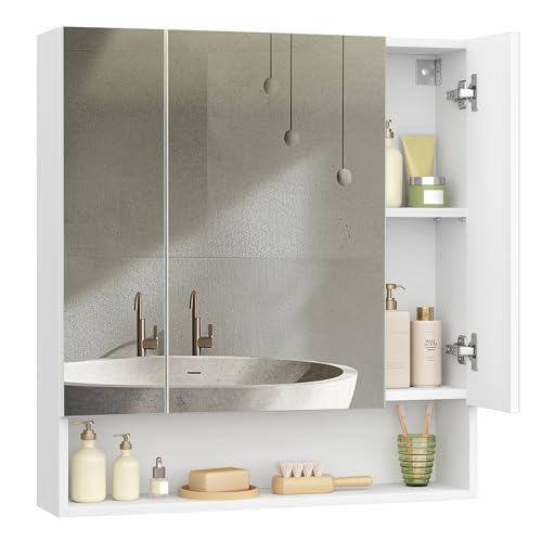 VASAGLE Badezimmerschrank mit 3 Türen, Spiegelschrank, Badschrank, offenes Fach, verstellbare Ablagen, 16,5 x 70 x 75 cm, wolkenweiß BBK129W01 - Wolkenweiß - 70B cm