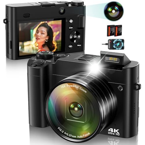 Digitalkamera-4K Autofocus Fotoapparat Digitalkamera mit Selfie 64MP 16X Zoom Anti-Shake, Kamera Fotokamera Eingebauter Blitz für Jugendliche Einsteige, 2 Akkus& Ladegerät (Keine SD Karte) - Schwarz
