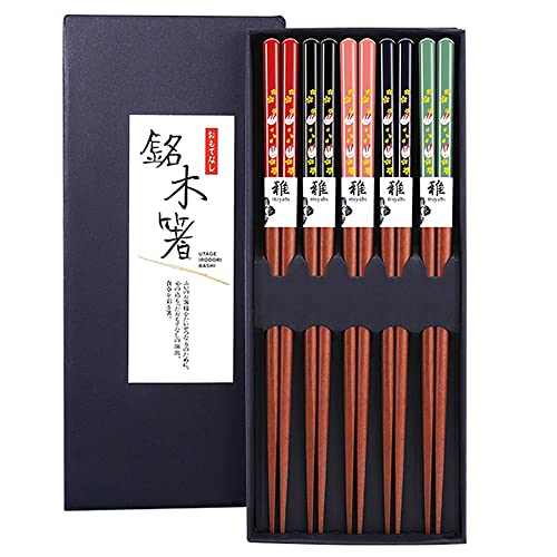 MFJUNS 5 Pairs Natural Wooden Chopsticks Reusable Japanese Chopsticks - Lightweight Safe Chop Sticks 8.9 Inch/22.7 cm Gift Set - Wooden-Mixcolor of 5-Pairs