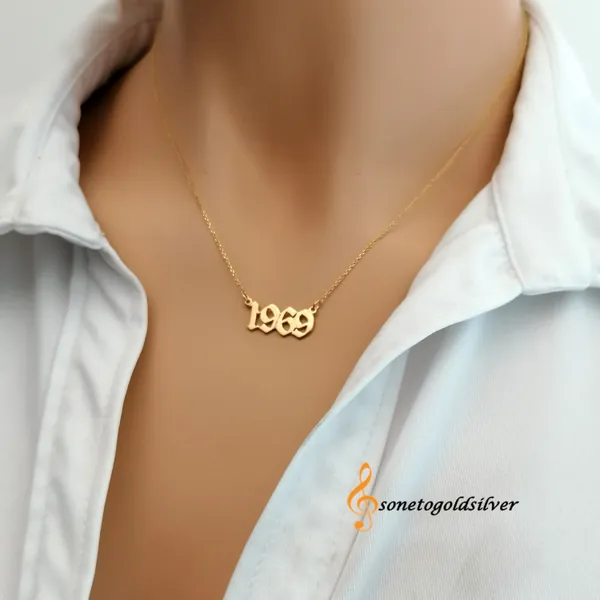 Old English Number Birthdate Necklace | 14K Gold Birth Date Necklace | Gothic Birth Year Necklace |Old English Number Necklace for Her
