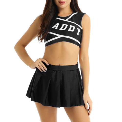 CHICTRY Women's Adult Schoolgirls Cheer Leading Costume Uniform with Daddy Printed Crop Vest and Pleated Skirt