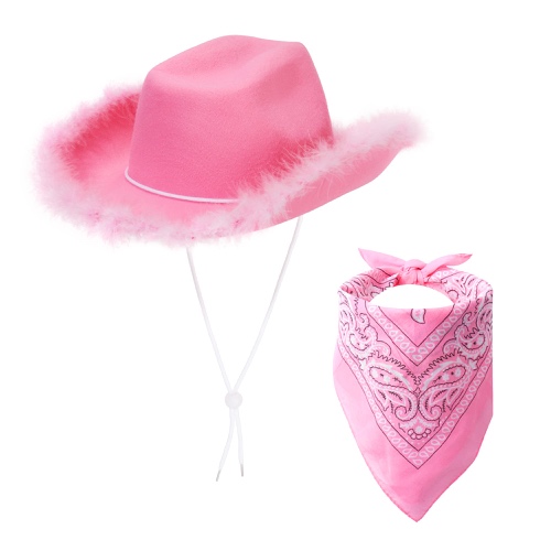 Cosmic Chameleon Pink Boa Cowboy Hat with Paisely Bandana, Rodeo Princess Hat for Adult, Cowboy Hat for Dress-Up, Bachelorette Parties, Halloweens & Play Costume