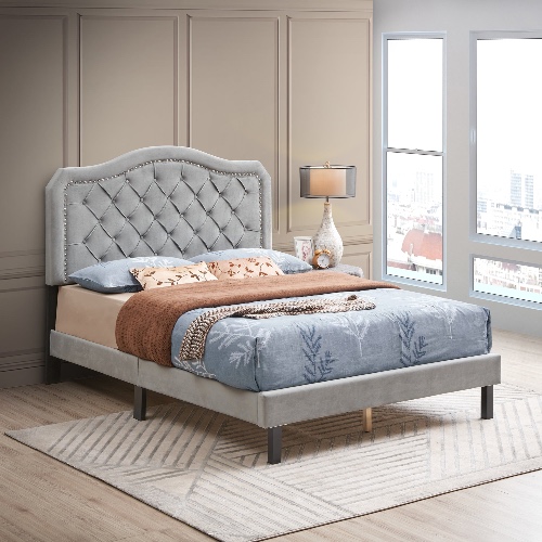 Upholstered Bed Button Tufted with Curve Design - Strong Wood Slat Support - Easy Assembly - Gray Velvet - platform bed - Queen - as picture