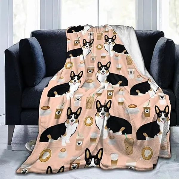Knsoiv Fashion Flannel Fleece Throw Blanket, Welsh Corgi Tri Colored Coffee Lover Dog Corgis Cafe Latte Throw for Better Sleep, Wrinkle-Resistant Air Conditioning Blanket 50"X40" - 50 in x 40 in - Welsh Corgi Tri Colored Coffee Lover Dog Corgis Cafe Latte