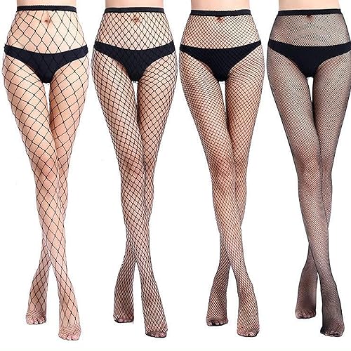 4 Pairs Black Fishnet Tights for Women Sexy Cross Mesh Tights Fishnet Stockings High Waisted Fishnets Pantyhose Ladies Fish Net Tight - One Size - Black