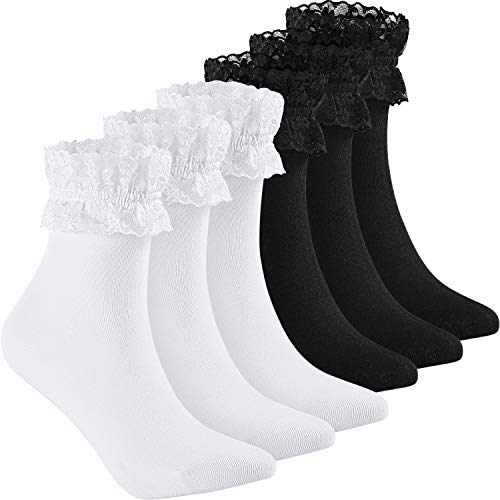SATINIOR Women's Ruffle Socks Lace Topped Ankle Socks Opaque Frilly Socks Lace Trim Princess Socks for Women Girls - One Size - Black, White