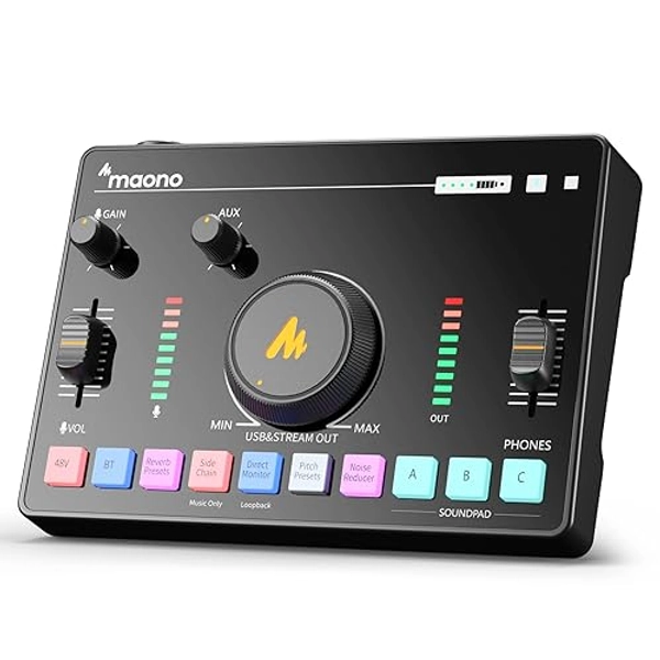 MAONO MaonoCaster Audio-Interface-Streaming-Mixer mit Pro-Vorverstärker, Bluetooth, 48-V-Phantomspeisung, 3 individuelle Soundpads für Podcast-Aufnahmen, Live-Streaming Youtube, PC, Smartphone AMC2