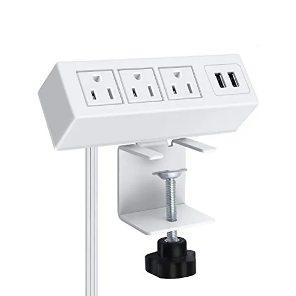 3 Outlet Desk Clamp Power Strip, Desktop Power Strip with USB Ports, Desk Mount USB Charging Power Station, on Desk Edge Power Outlet 125V 12A 1500W, 3FT Desk Outlet Strip. (3FT, White)