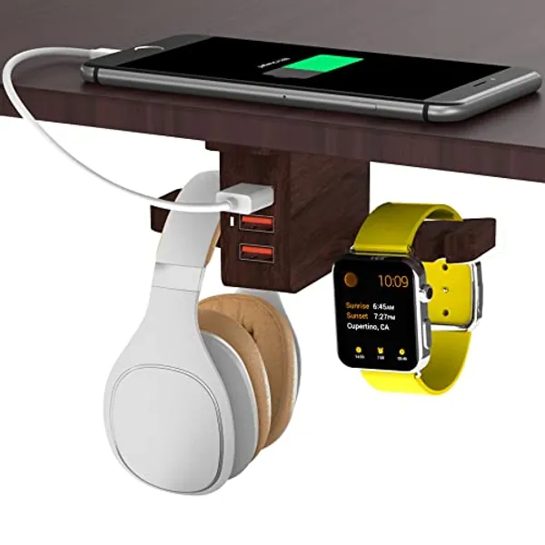 Walnut Wood Headphone Stand with USB Charger COZOO Under Desk Headset Holder Mount with 3 Port USB Charging Station and iWatch Stand Smart Watch Charging Dock Dual Earphone Hanger Hook,UL Tested