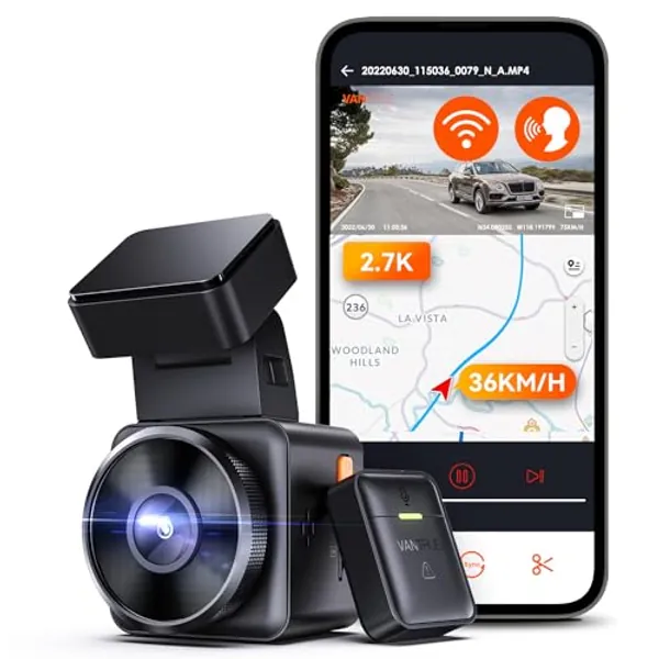 Vantrue E1 2.7K WiFi Mini Dash Cam, Voice Control Front Car Dash Camera with GPS&Speed, Super Night Vision, Wireless Controller&App, 24 Hours Parking Mode, Buffered Motion Detection, Support 512GB Max