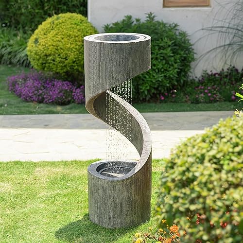 Glitzhome Decorative Tiered Outdoor Water Fountain with LED Light Vintage Curved Waterfall Fountain with Stone Planter Rustic Decor for Garden Patio Deck Porch, 40”H - 40”H