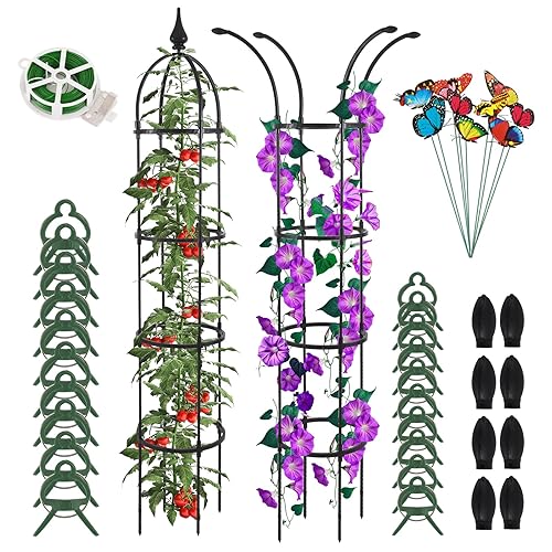 WellSign Obelisk Trellis for Climbing Plants Outdoor 6.6ft, Garden Tower Trellis for Potted Plants Indoor with Twist Tie, Clips and Butterflies Rustproof Coated Metal Support for Vines Rose 2Pack - 6.6ft-2PK