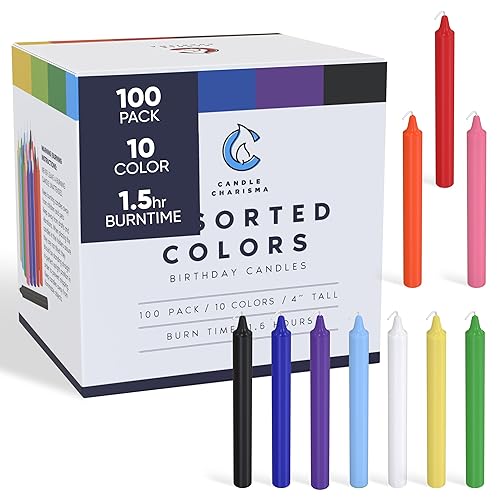 Candle Charisma 100 Multi-Colored Spell Candles - 4" Unscented Paraffin Chime Candles, Smokeless & Dripless Candles, 1.5 Hours Burn Time 0.4" Thick Taper Candles for Rituals, Witchcraft & Parties - Pack of 100 - Multicolor
