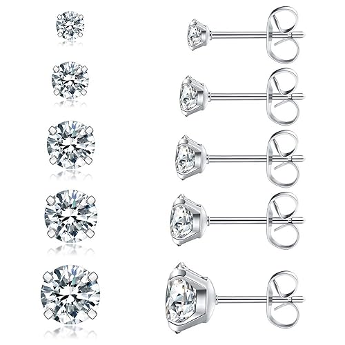 5 Pairs Stud Earrings Set, Hypoallergenic Cubic Zirconia 316L Earrings Stainless Steel CZ Earrings 3-8mm (Steel color) - A-004-silver