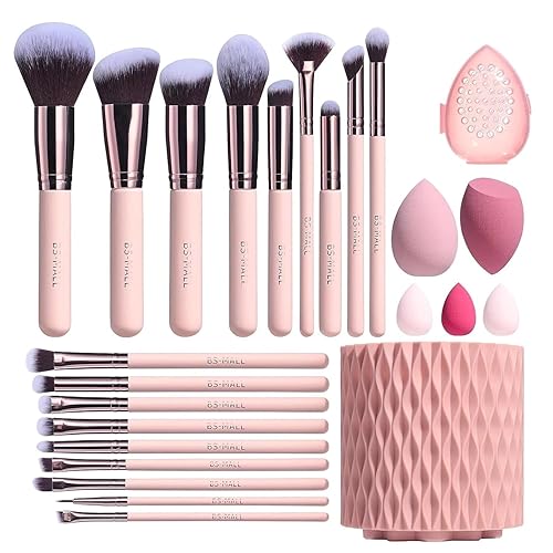 BS-MALL Makeup Brushes Premium Synthetic Foundation Powder Concealers Eye Shadows 18 Pcs Brush Set with 5 sponge & Holder Sponge Case (A-Pink) - A-Pink