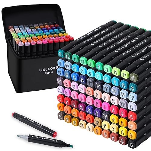 WELLOKB Alcohol Based Marker with Case, 80 Colors Dual Brush Tip Permanent Art Markers for Book Painting Card Making Coloring Illustrations Sketch, Christmas gift for Adults Kids 8-12 - Black-80PCS