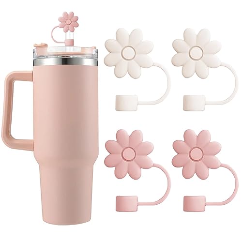 SEMATA Flower Straw Covers Toppers for Stanley Cups 30&40 Oz Tumbler with Handle Accessories 4PCS Silicone Straw Caps Reusable Straw Tips Protectors for Stanley Cup 10mm 0.4in Straws,Pink+Off White - P02-Pink Off White