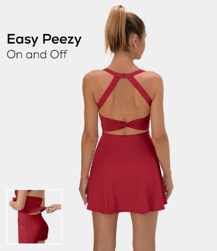 Backless Cut Out Twisted Side Pocket 2-in-1 Exercise Dress-Easy Peezy