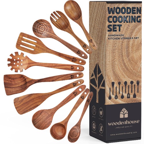 Holz Kochbesteck-Set, flacher Bratwender Wokwender Pfannenwender Spaghetti-Zange Servierlöffel Rührlöffel Suppenschöpflöffel Schaumlöffel Gewürz-/Öllöffel Salatgabel – 10-teiliges-Set - 
