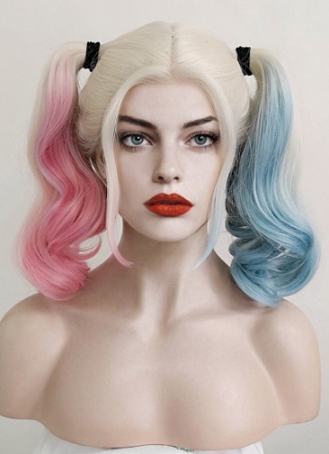 Wavy Blonde Harley Quinn Synthetic Pink Blue Ponytail Lace Front Wig LF853E | Blonde With Pink Blue