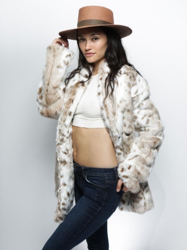 Siberian Snow Leopard Collared Faux Fur Coat | Women's | XS / tan/cream/brown