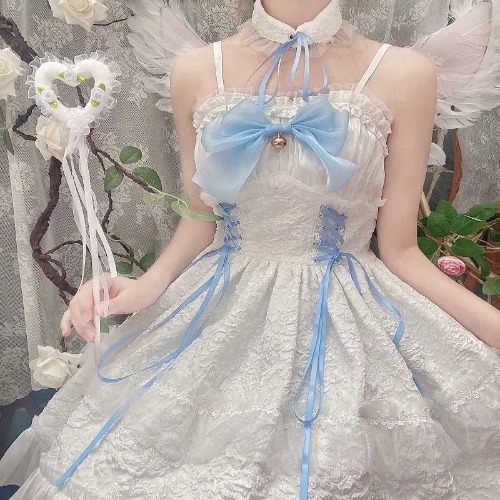 Ethereal Princess Lace Dress with Ruffles and Bows - White Blue / L