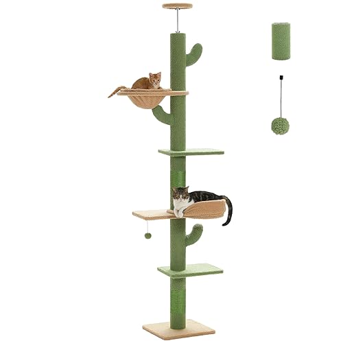 PAWZ Road Floor to Ceiling Cat Tree, Tall Cat Tower 81-100 Inches Adjustable, Cactus Cat Tree with Thick Cat Scratching Posts, Replaceable Hammock and Soft Cat Perch for Indoor Cats, Green - M- 4.1" Classic - Green