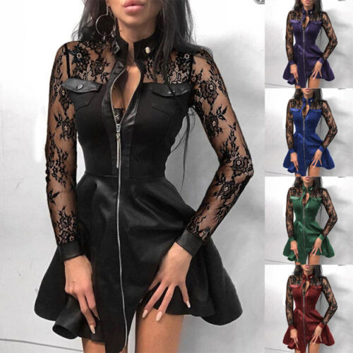 Damen Leder Gotisch Minikleid Spitze Langarm Punk Swing Partykleid Clubwear DE  | eBay