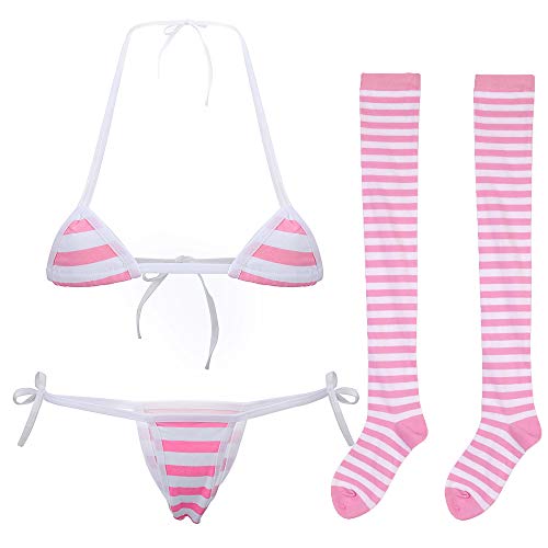 Cute Sexy Anime Lingerie Bra and Panty Set Lolita Cosplay Micro Underwear Suit Kawaii for Women - Pink(mini)+stripe High Socks