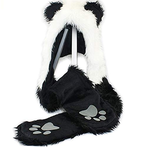 Panda Animal Hood Faux Fur Hat with Warm Scarf Mittens Ears and Paws by HatButik.