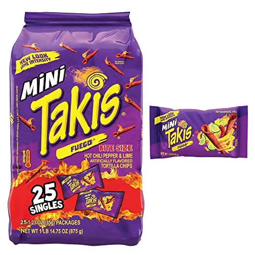 Takis Mini Fuego Rolled Spicy Tortilla Chips, Hot Chili Pepper Lime Flavored, Multipack 25 Individual Snack Packs, 1.23 Ounces Each, Net Weight of 30.75 Ounces - Fuego