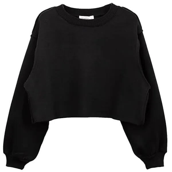 Amazhiyu Women Pullover Cropped Sweatshirts Long Sleeves Casual Fleece Crop Tops - Black - Large