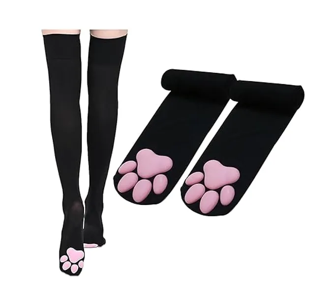 Thigh High Socks, Cat Paw Pad Socks 3D Kitten Claw Stockings Girls Women Cosplay Halloween Costume Accessory - One Size - Black